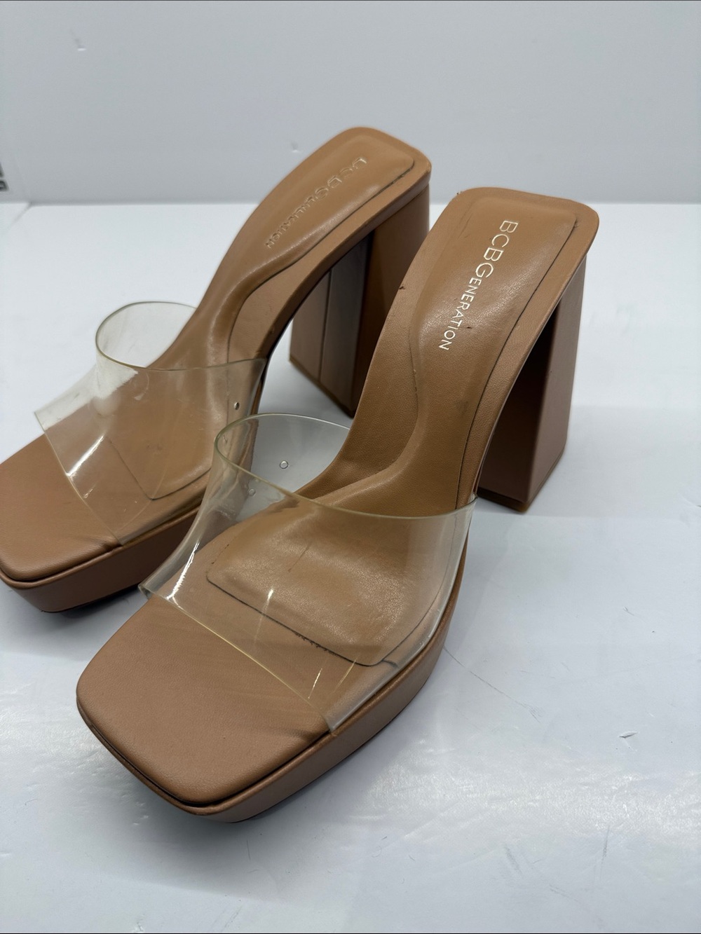 BCBGeneration Clear Strap Tan Block Heel Mules